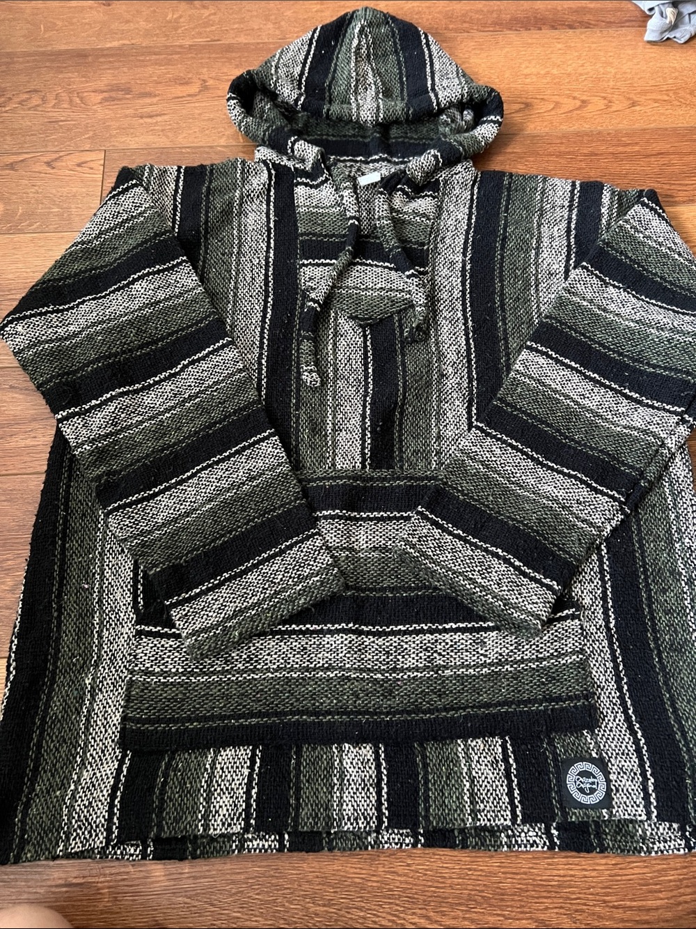 Striped Hooded Baja Sweater in Olive, Black & Cream